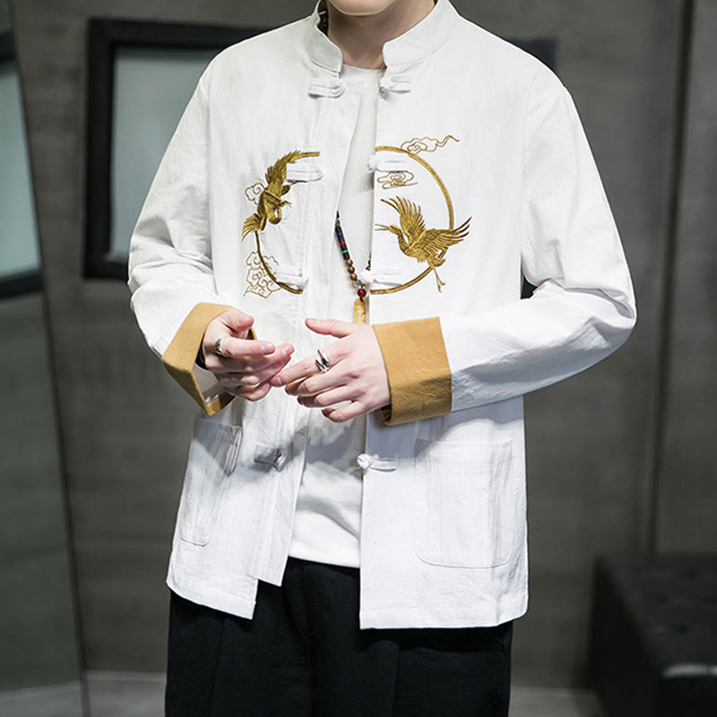 Chemise homme en coton et lin à manches longues avec boutons grenouille et motif de grues brodées de Buddha Stones et de nuages ​​de bon augure - image 9
