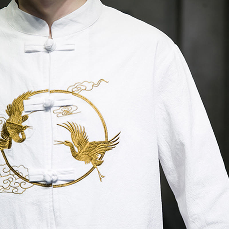 Chemise homme en coton et lin à manches longues avec boutons grenouille et motif de grues brodées de Buddha Stones et de nuages ​​de bon augure - image 11