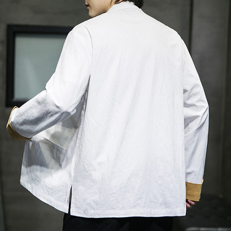 Chemise homme en coton et lin à manches longues avec boutons grenouille et motif de grues brodées de Buddha Stones et de nuages ​​de bon augure - image 4