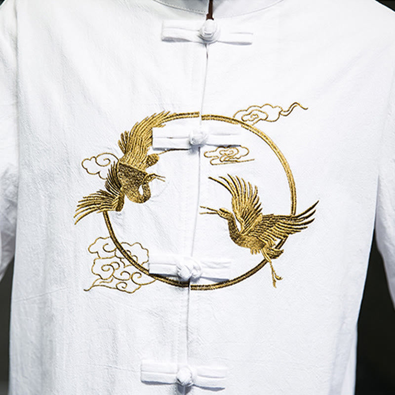 Chemise homme en coton et lin à manches longues avec boutons grenouille et motif de grues brodées de Buddha Stones et de nuages ​​de bon augure - image 12