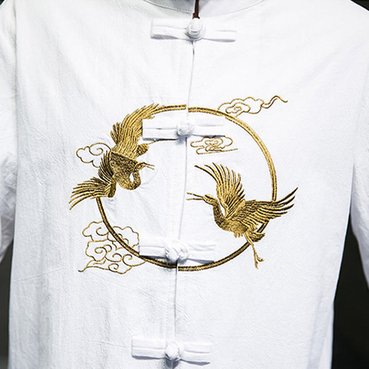 Chemise homme en coton et lin à manches longues avec boutons grenouille et motif de grues brodées de Buddha Stones et de nuages ​​de bon augure - image 12