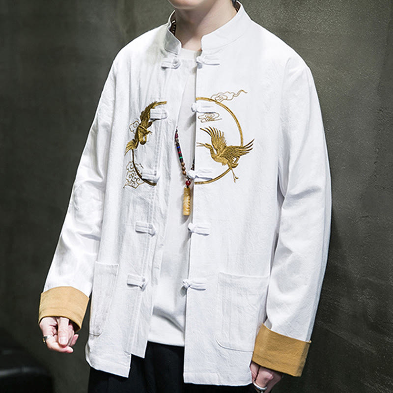 Chemise homme en coton et lin à manches longues avec boutons grenouille et motif de grues brodées de Buddha Stones et de nuages ​​de bon augure - image 8