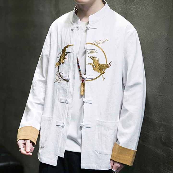 Chemise homme en coton et lin à manches longues avec boutons grenouille et motif de grues brodées de Buddha Stones et de nuages ​​de bon augure - image 8