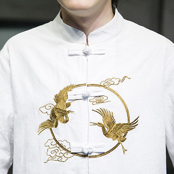 Chemise homme en coton et lin à manches longues avec boutons grenouille et motif de grues brodées de Buddha Stones et de nuages ​​de bon augure - image 10