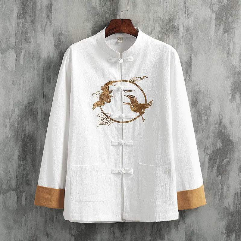 Chemise homme en coton et lin à manches longues avec boutons grenouille et motif de grues brodées de Buddha Stones et de nuages ​​de bon augure - Blanc - US/UK/AU46，EU56 (5XL) - image 0