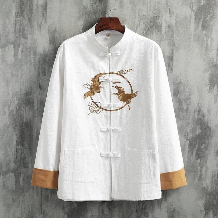 Chemise homme en coton et lin à manches longues avec boutons grenouille et motif de grues brodées de Buddha Stones et de nuages ​​de bon augure - Blanc - US/UK/AU46，EU56 (5XL) - image 0