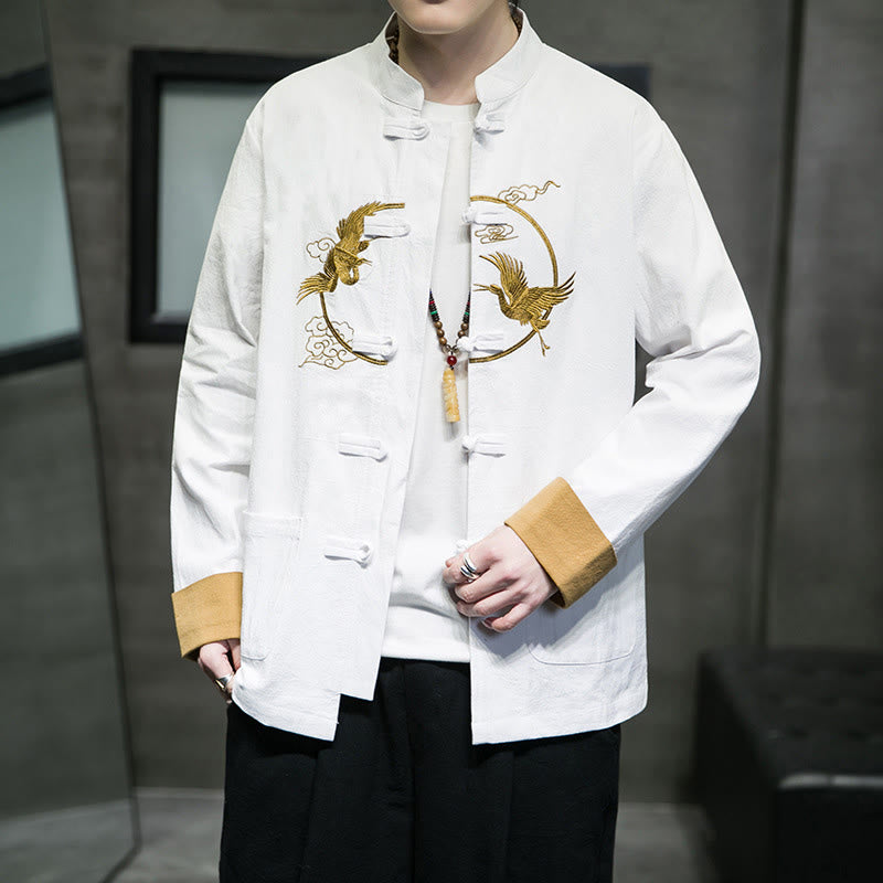Chemise homme en coton et lin à manches longues avec boutons grenouille et motif de grues brodées de Buddha Stones et de nuages ​​de bon augure - image 7