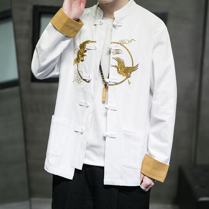 Chemise homme en coton et lin à manches longues avec boutons grenouille et motif de grues brodées de Buddha Stones et de nuages ​​de bon augure - image 5