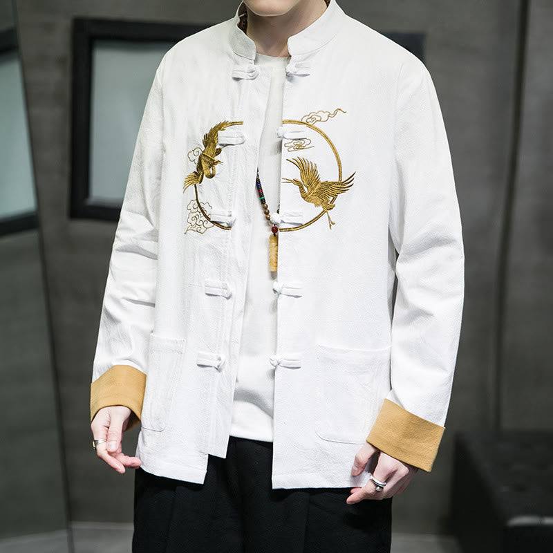 Chemise homme en coton et lin à manches longues avec boutons grenouille et motif de grues brodées de Buddha Stones et de nuages ​​de bon augure - image 3