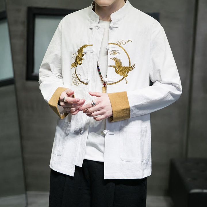 Chemise homme en coton et lin à manches longues avec boutons grenouille et motif de grues brodées de Buddha Stones et de nuages ​​de bon augure - image 6