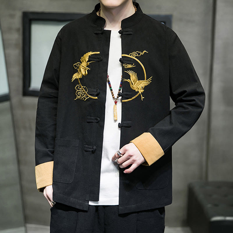 Chemise homme en coton et lin à manches longues avec boutons grenouille et motif de grues brodées de Buddha Stones et de nuages ​​de bon augure - image 17