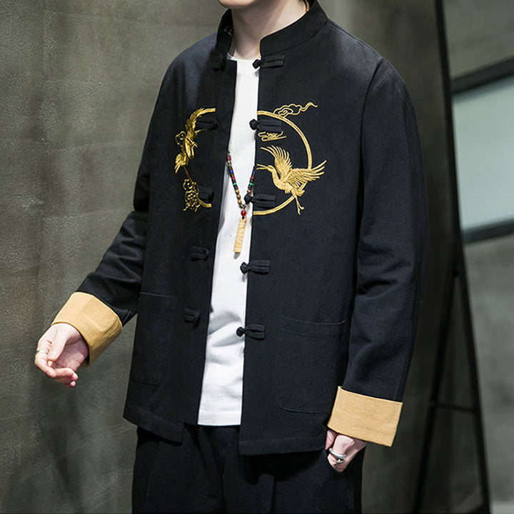 Chemise homme en coton et lin à manches longues avec boutons grenouille et motif de grues brodées de Buddha Stones et de nuages ​​de bon augure - image 15