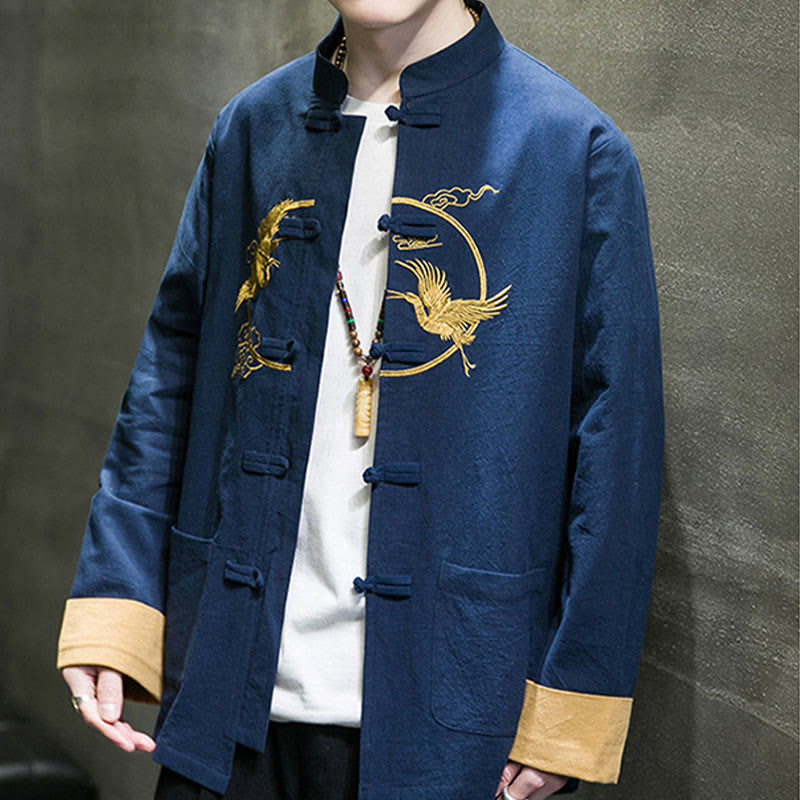 Chemise homme en coton et lin à manches longues avec boutons grenouille et motif de grues brodées de Buddha Stones et de nuages ​​de bon augure - image 23