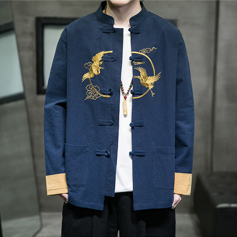 Chemise homme en coton et lin à manches longues avec boutons grenouille et motif de grues brodées de Buddha Stones et de nuages ​​de bon augure - image 26