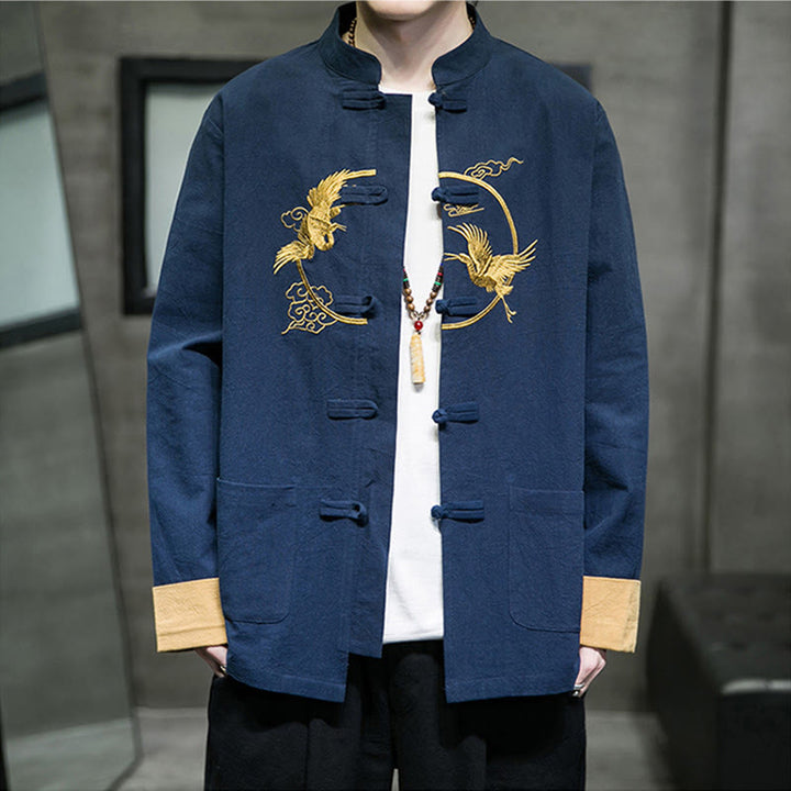 Chemise homme en coton et lin à manches longues avec boutons grenouille et motif de grues brodées de Buddha Stones et de nuages ​​de bon augure - image 26
