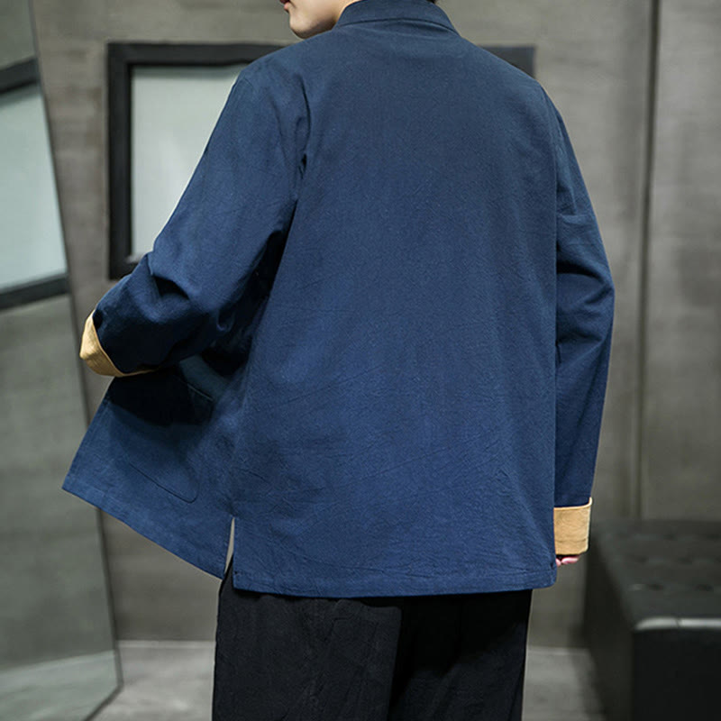 Chemise homme en coton et lin à manches longues avec boutons grenouille et motif de grues brodées de Buddha Stones et de nuages ​​de bon augure - image 24