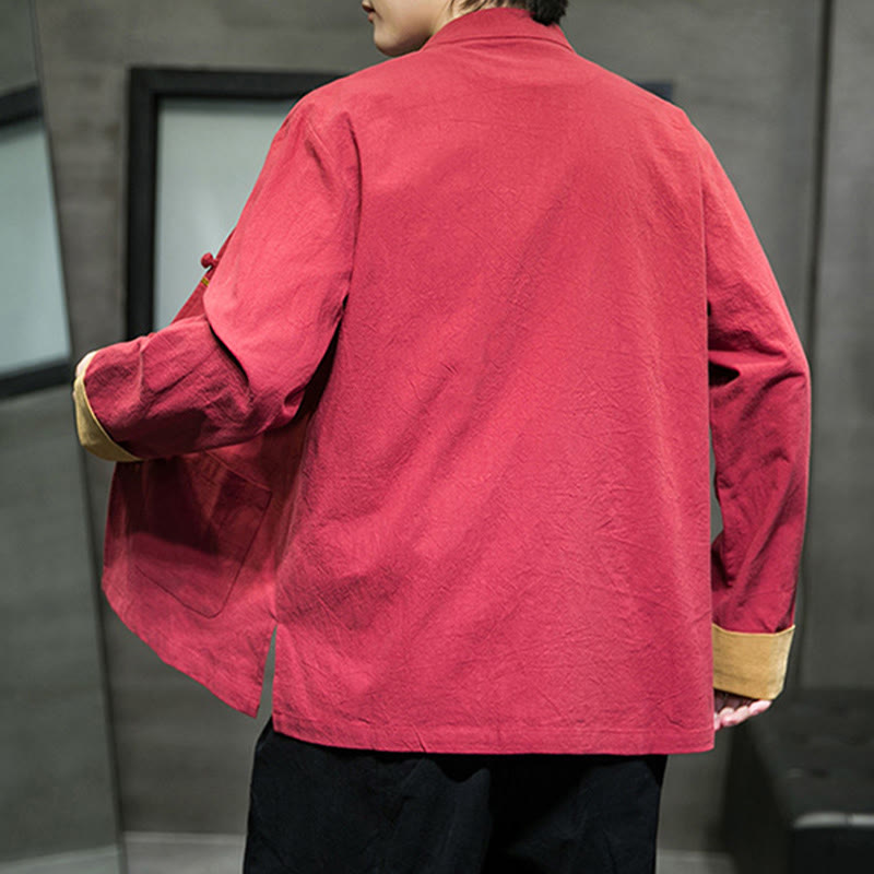 Chemise homme en coton et lin à manches longues avec boutons grenouille et motif de grues brodées de Buddha Stones et de nuages ​​de bon augure - image 32