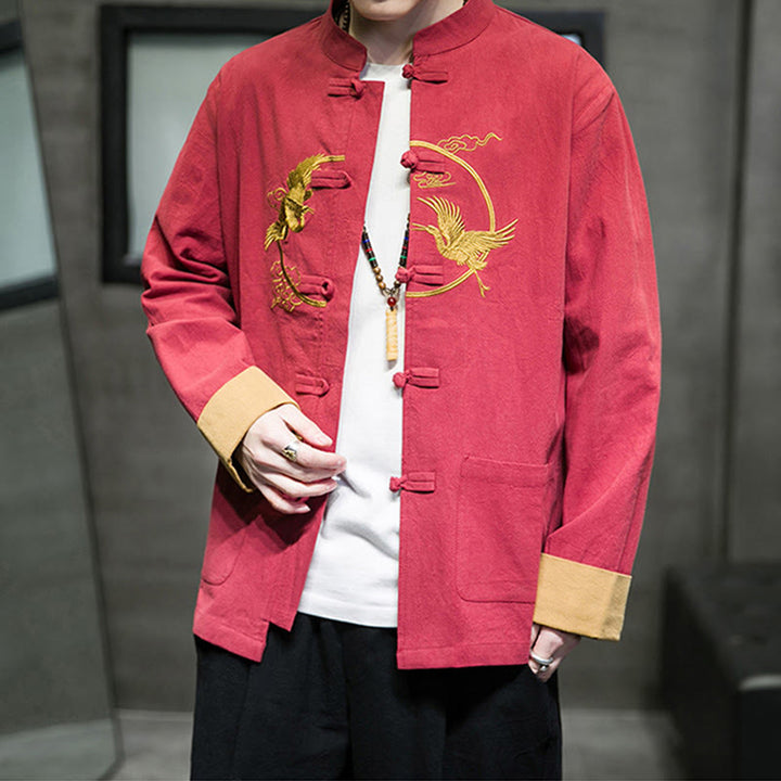 Chemise homme en coton et lin à manches longues avec boutons grenouille et motif de grues brodées de Buddha Stones et de nuages ​​de bon augure - image 30
