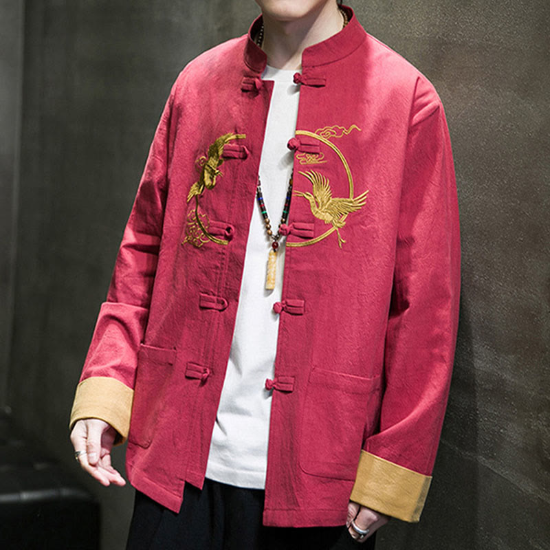 Chemise homme en coton et lin à manches longues avec boutons grenouille et motif de grues brodées de Buddha Stones et de nuages ​​de bon augure - image 34