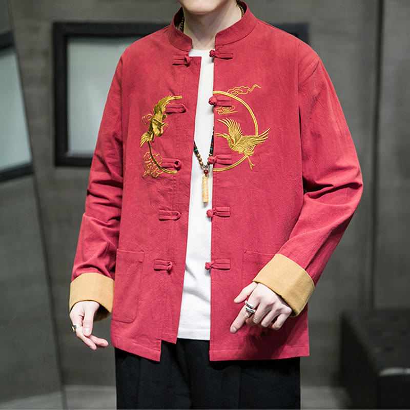 Chemise homme en coton et lin à manches longues avec boutons grenouille et motif de grues brodées de Buddha Stones et de nuages ​​de bon augure - image 36