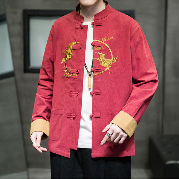 Chemise homme en coton et lin à manches longues avec boutons grenouille et motif de grues brodées de Buddha Stones et de nuages ​​de bon augure - image 36