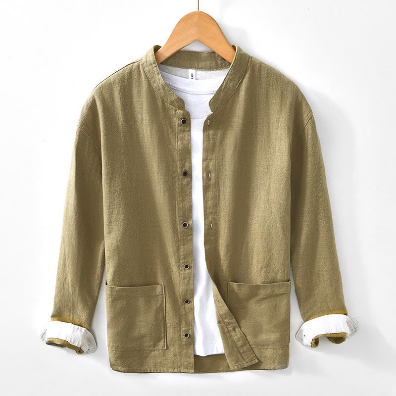 Chemise homme en coton ramie à manches longues et boutons avec poches Motif Buddha Stones Fall - Kaki - US/UK/AU42，EU52 (3XL) - image 24