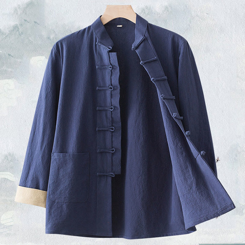 Chemise homme en coton à manches longues et boutons grenouille, motif Buddha Stones - Bleu acier - US/UK/AU44，EU54 (4XL) - image 0