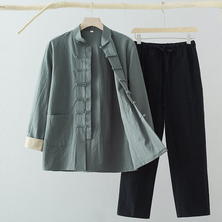 Ensemble 2 pièces pour homme, chemise à manches longues et pantalon en coton avec poches, motif Buddha Stones - Chemise bleue Cadet + pantalon noir - US/UK/AU44，EU54 (4XL) - image 0