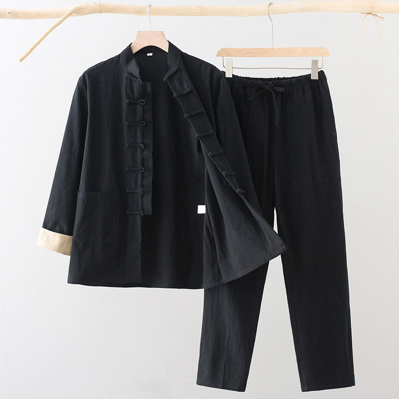 Ensemble 2 pièces pour homme Buddha Stones Tang Suit : chemise à manches longues et pantalon en coton et lin avec poches et fermeture à boutons brandebourg - Noir - US/UK/AU44，EU54 (4XL) - image 1