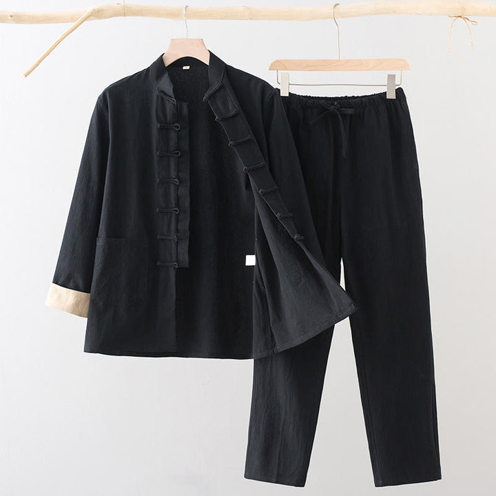 Ensemble 2 pièces pour homme Buddha Stones Tang Suit : chemise à manches longues et pantalon en coton et lin avec poches et fermeture à boutons brandebourg - Noir - US/UK/AU44，EU54 (4XL) - image 1