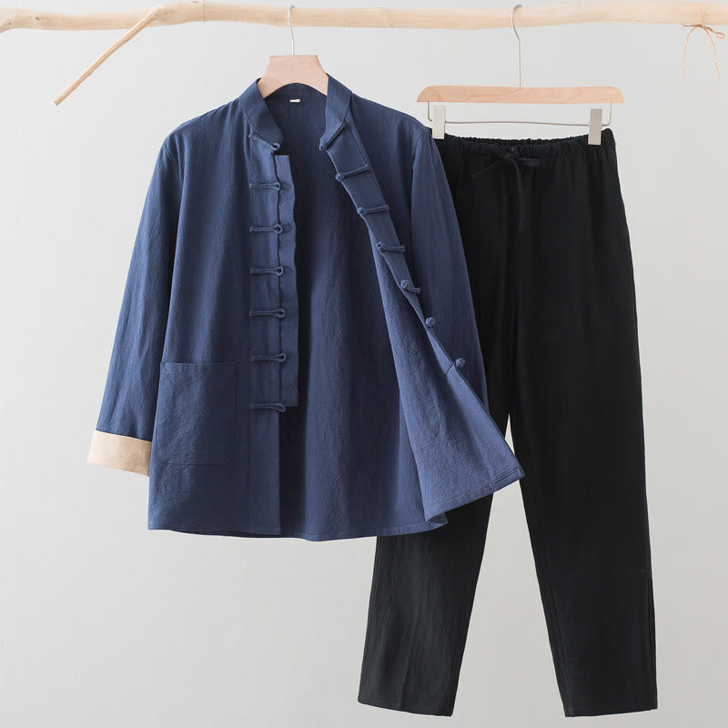 Ensemble 2 pièces pour homme Buddha Stones Tang Suit : chemise à manches longues et pantalon en coton et lin avec poches et fermeture à boutons brandebourg - Chemise bleu acier + pantalon noir - US/UK/AU44，EU54 (4XL) - image 4