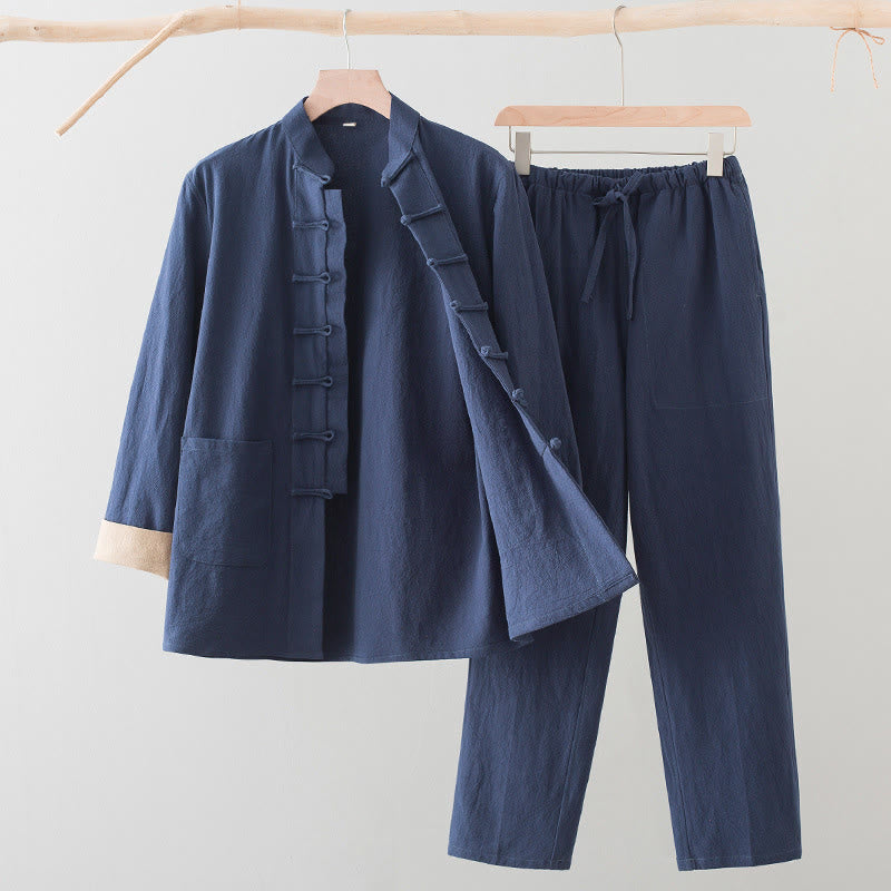 Ensemble 2 pièces pour homme, chemise à manches longues et pantalon en coton avec poches, motif Buddha Stones - Bleu acier - US/UK/AU44，EU54 (4XL) - image 13