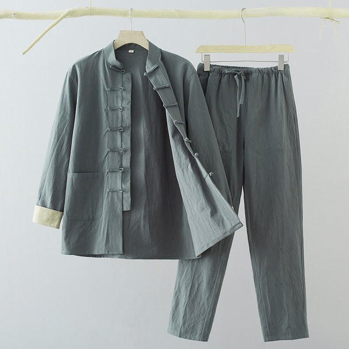 Ensemble 2 pièces pour homme Buddha Stones Tang Suit : chemise à manches longues et pantalon en coton et lin avec poches et fermeture à boutons brandebourg - CadetBlue - US/UK/AU44，EU54 (4XL) - image 14