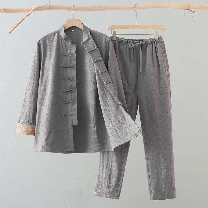 Ensemble 2 pièces pour homme Buddha Stones Tang Suit : chemise à manches longues et pantalon en coton et lin avec poches et fermeture à boutons brandebourg - Gris clair - US/UK/AU44，EU54 (4XL) - image 15
