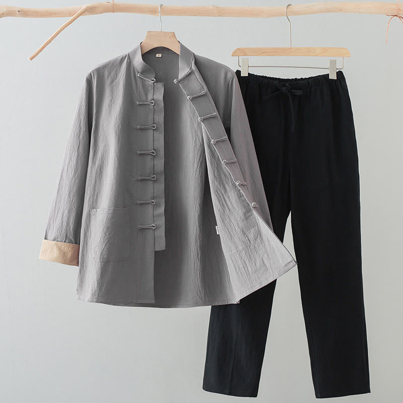 Ensemble 2 pièces pour homme Buddha Stones Tang Suit : chemise à manches longues et pantalon en coton et lin avec poches et fermeture à boutons brandebourg - Chemise gris clair + pantalon noir - US/UK/AU44，EU54 (4XL) - image 16