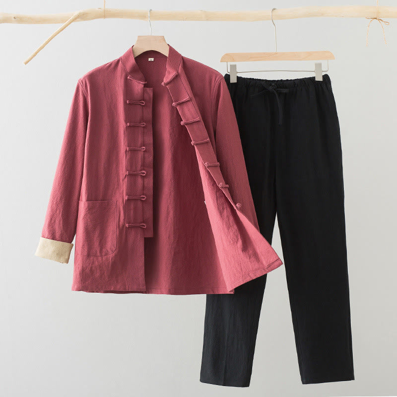 Ensemble 2 pièces pour homme Buddha Stones Tang Suit : chemise à manches longues et pantalon en coton et lin avec poches et fermeture à boutons brandebourg - Chemise saumon + pantalon noir - US/UK/AU44，EU54 (4XL) - image 17