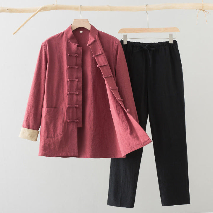 Ensemble 2 pièces pour homme Buddha Stones Tang Suit : chemise à manches longues et pantalon en coton et lin avec poches et fermeture à boutons brandebourg - Chemise saumon + pantalon noir - US/UK/AU44，EU54 (4XL) - image 17