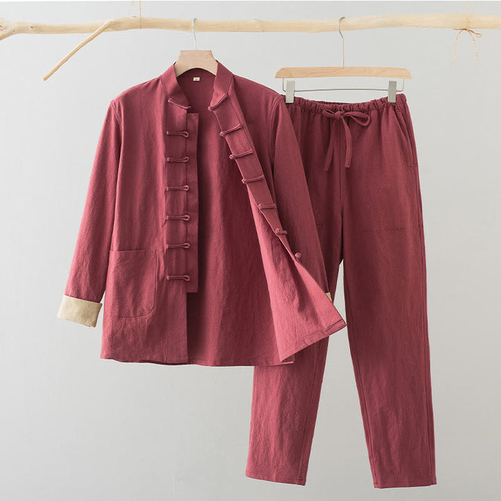 Ensemble 2 pièces pour homme Buddha Stones Tang Suit : chemise à manches longues et pantalon en coton et lin avec poches et fermeture à boutons brandebourg - Saumon - US/UK/AU44，EU54 (4XL) - image 18