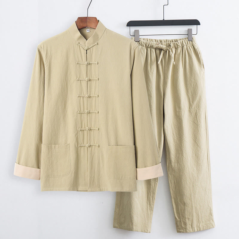 Ensemble 2 pièces pour homme, chemise à manches longues et pantalon en coton avec poches, motif Buddha Stones - Verge d'or pâle - US/UK/AU44，EU54 (4XL) - image 19