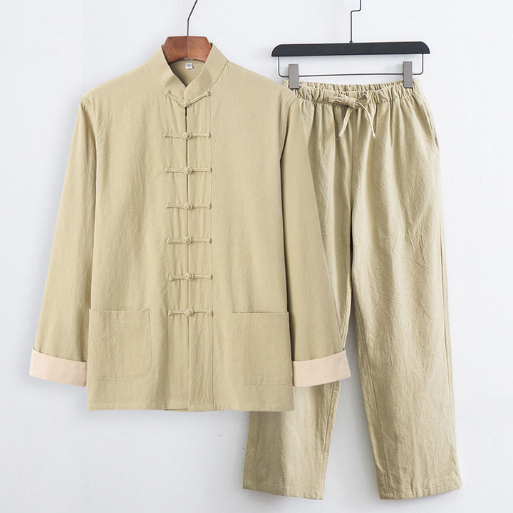 Ensemble 2 pièces pour homme, chemise à manches longues et pantalon en coton avec poches, motif Buddha Stones - Verge d'or pâle - US/UK/AU44，EU54 (4XL) - image 19