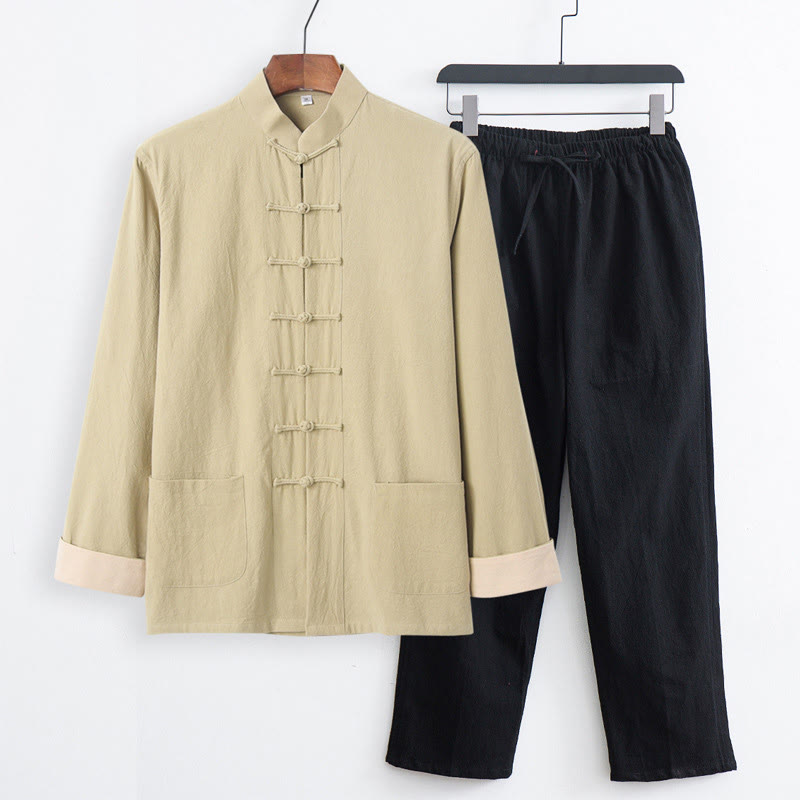 Ensemble 2 pièces pour homme, chemise à manches longues et pantalon en coton avec poches, motif Buddha Stones - Chemise PaleGoldenrod + pantalon noir - US/UK/AU44，EU54 (4XL) - image 20