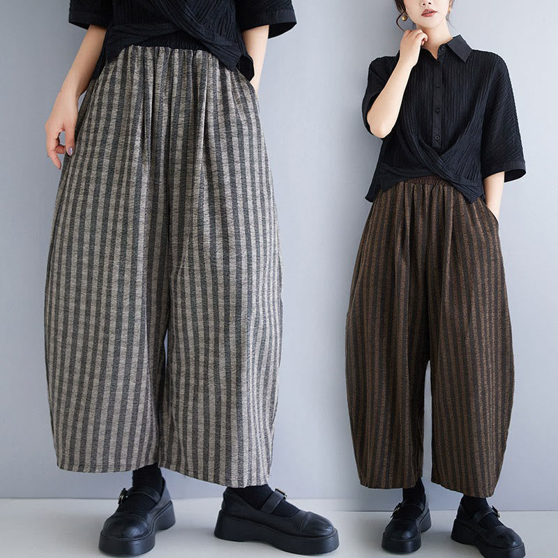 Pantalon large décontracté en polyester à rayures en velours côtelé pour femme, longueur 7-8, avec poches, Buddha Stones - image 0