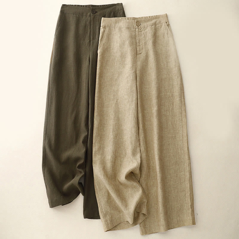 Pantalon Buddha Stones uni en coton et lin pour femme, taille élastique, jambes larges, avec poches - image 0