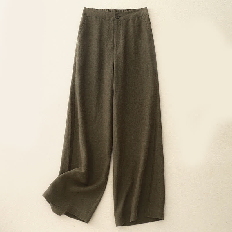 Pantalon Buddha Stones uni en coton et lin pour femme, taille élastique, jambes larges, avec poches - Olive - US8-10，UK/AU12-14，EU40-42 (2XL) - image 1