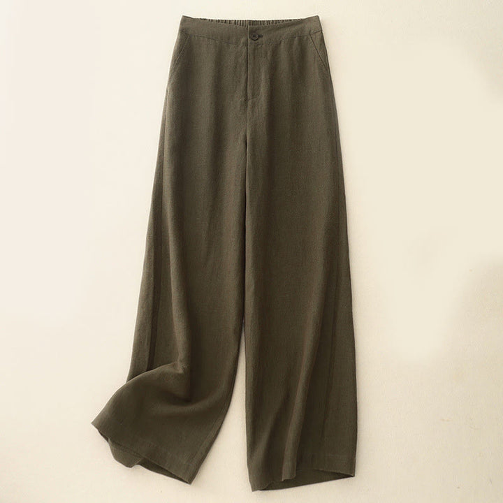 Pantalon Buddha Stones uni en coton et lin pour femme, taille élastique, jambes larges, avec poches - Olive - US8-10，UK/AU12-14，EU40-42 (2XL) - image 1