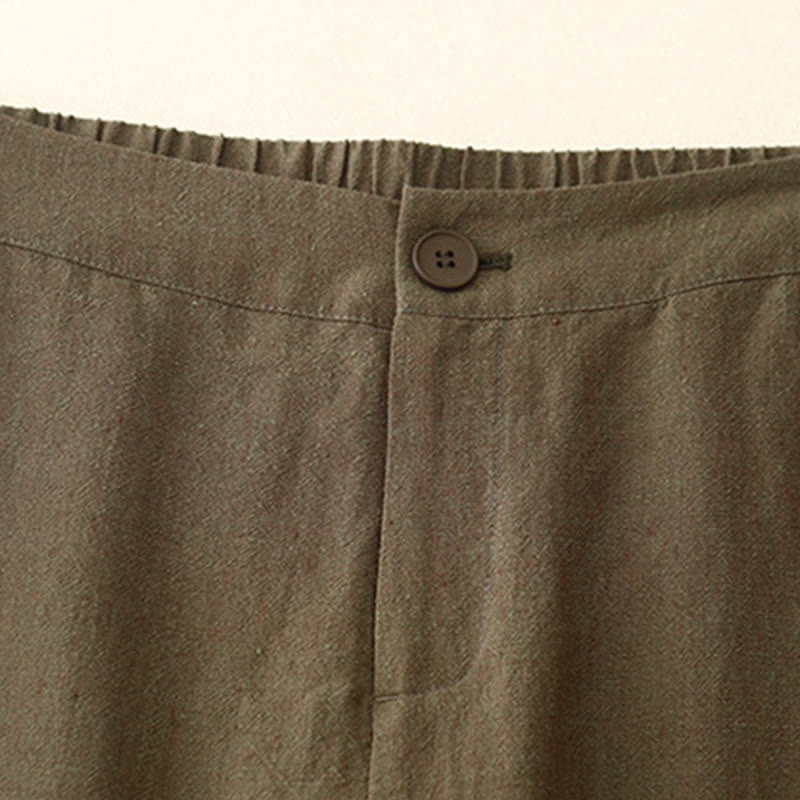 Pantalon Buddha Stones uni en coton et lin pour femme, taille élastique, jambes larges, avec poches - image 2