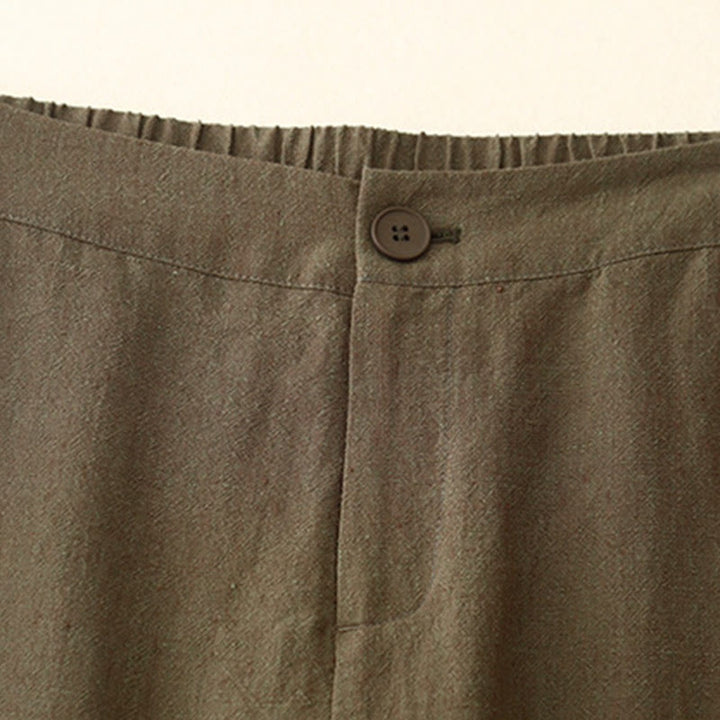 Pantalon Buddha Stones uni en coton et lin pour femme, taille élastique, jambes larges, avec poches - image 2