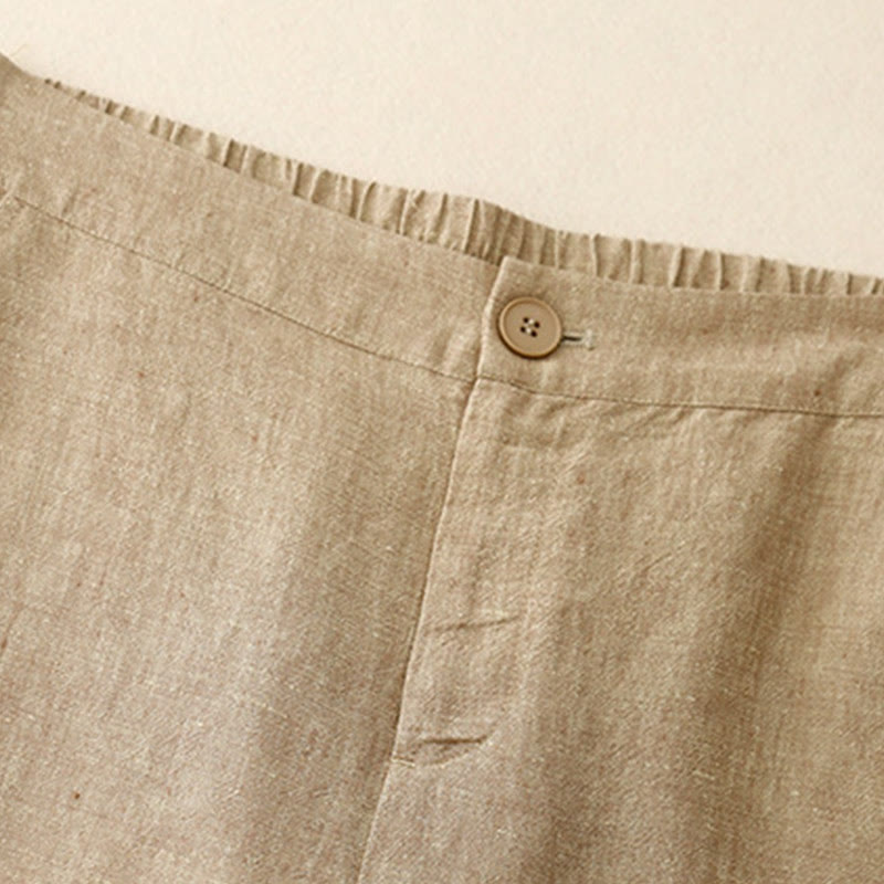 Pantalon Buddha Stones uni en coton et lin pour femme, taille élastique, jambes larges, avec poches - image 8