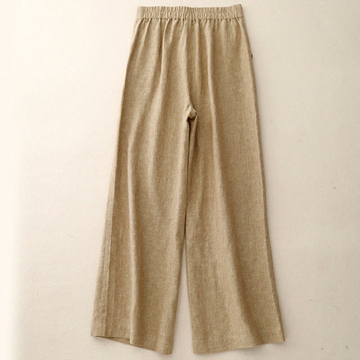 Pantalon Buddha Stones uni en coton et lin pour femme, taille élastique, jambes larges, avec poches - image 6
