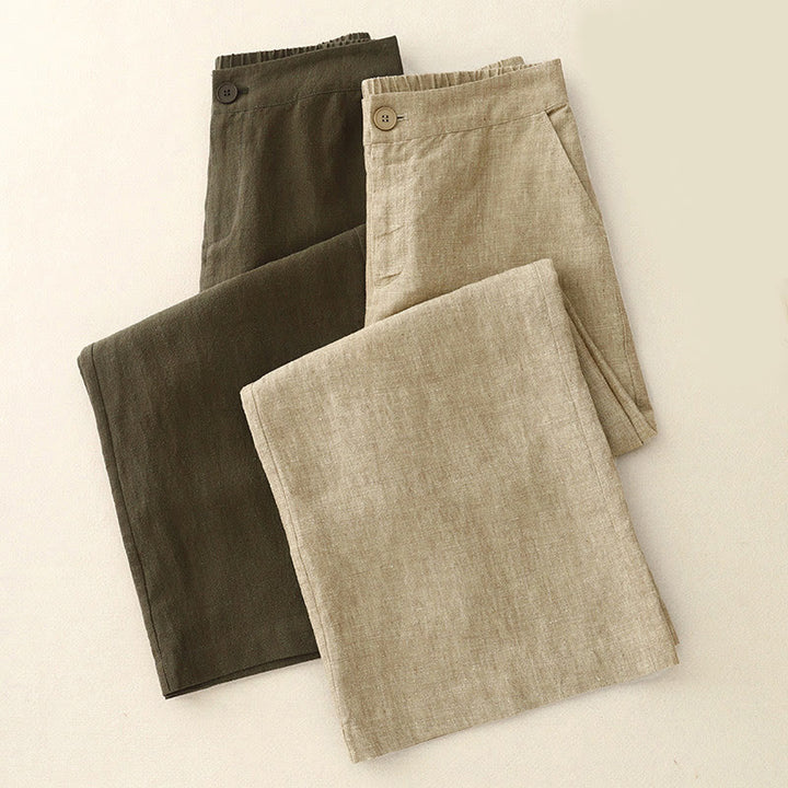 Pantalon Buddha Stones uni en coton et lin pour femme, taille élastique, jambes larges, avec poches - image 13